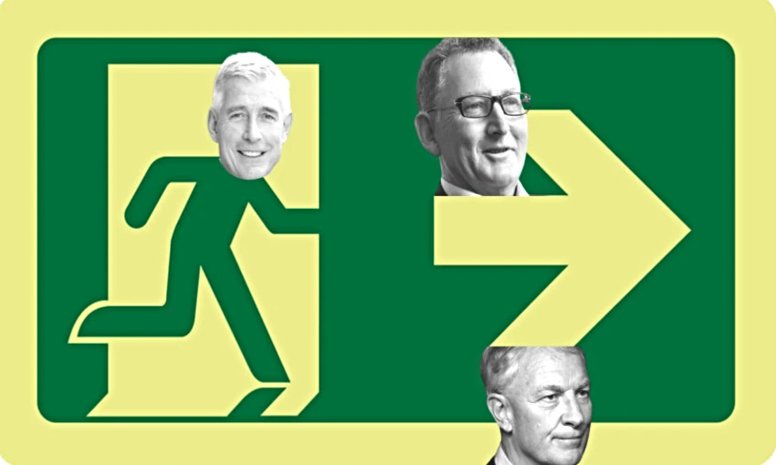 an exit sign with the heads of prominent resignees greg foran, adrian orr and phil goff over the top