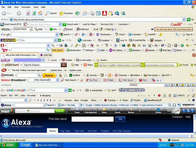 A old screenshot of Internet Explorer with many nav bars active.