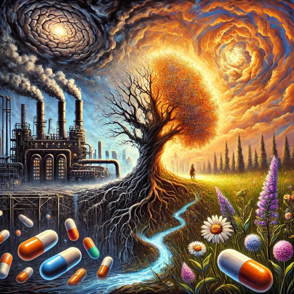 A surreal and symbolic oil painting depicting the contrast between modern psychiatry's overreach and the natural human experience. On the left, dark and oppressive industrial structures with factory-like machines producing pills cascade into a pool of muted, lifeless colors. In the foreground, a delicate tree struggles to grow amidst the pills, its roots intertwined with jagged, cracked earth, symbolizing human resilience. The tree bears vibrant leaves glowing in warm tones of orange and gold. Above, a swirling, stormy sky hints at abstract brain shapes and neural pathways, representing the mental toll. On the right, a serene meadow bathed in soft light with gentle streams flowing from the cracks, nurturing flowers that symbolize empathy, growth, and connection. Bold, expressive brushstrokes and a dramatic use of contrasting colors bring the scene to life.