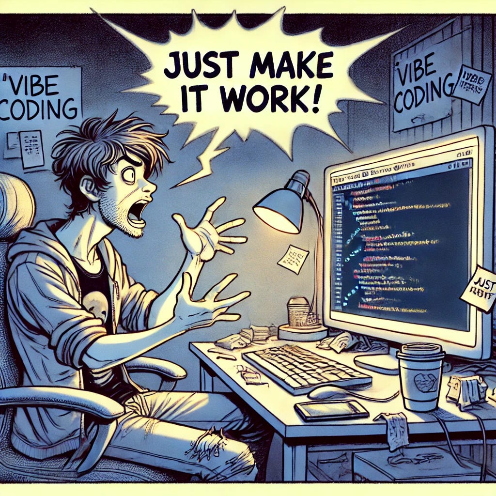 A comic-style drawing of a software engineer engaging in 'vibe coding' by talking to a computer. The engineer, a young adult with casual attire and messy hair, sits at a cluttered desk with a glowing monitor. They are dramatically gesturing while saying a command out loud in a single speech bubble, such as 'Just make it work!' The computer screen only displays lines of code without any speech or anthropomorphic elements. The background includes coffee cups, sticky notes, and a dimly lit workspace, emphasizing a late-night coding session. The overall mood is humorous and exaggerated, capturing the essence of coding through intuition rather than strict logic.