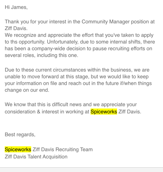 Ziff Davis human resources email about online community manager job. 