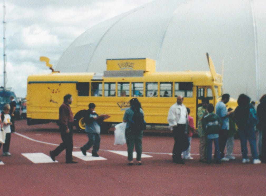 A side view of the Pikachu Bus from the Pokémon World Exhibition at the Millennium Dome in the year 2000