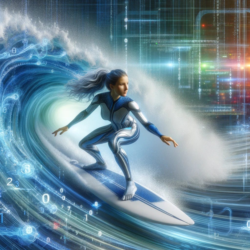 A digital art concept of a young woman surfing on a wave made entirely of flowing data and binary codes. The young woman is athletic, wearing a futuristic silver and blue wetsuit, skillfully balancing on a high-tech surfboard. The wave is a vivid visual of streaming numbers and digital patterns, representing a torrent of information. In the background, a cyberspace landscape with abstract digital elements and neon lights, suggesting a virtual reality environment.