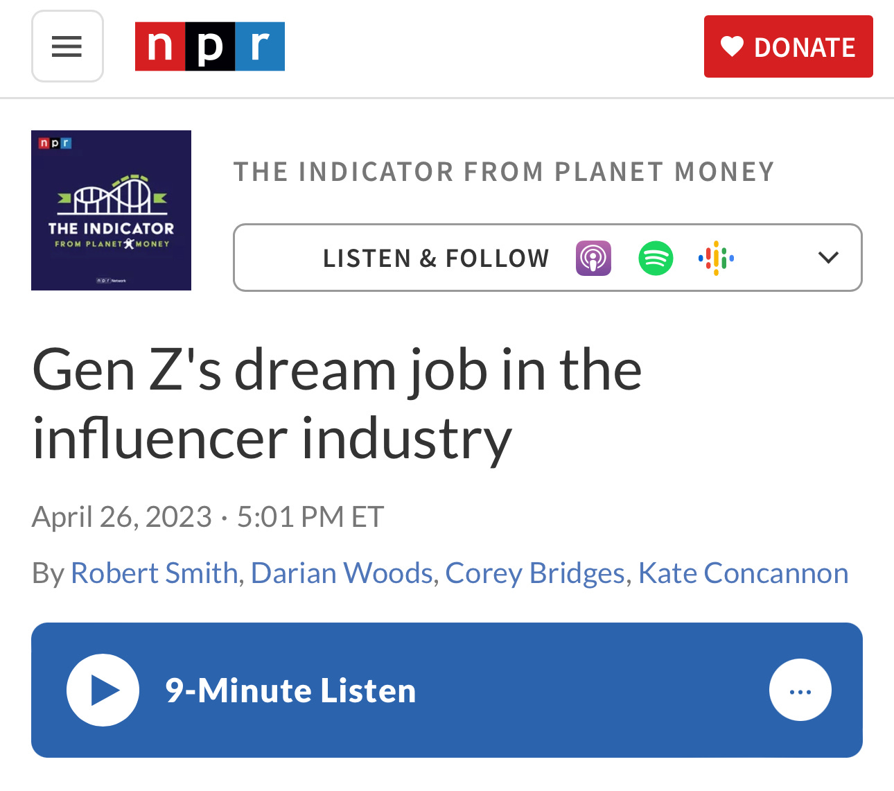 screenshot of NPR Planet Money podcast on Gen Z's dream job in the influencer industry