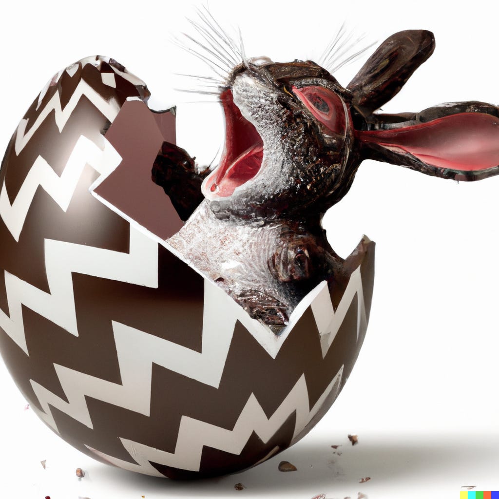 DALL-E image of the Easter Bunny hatching from an egg