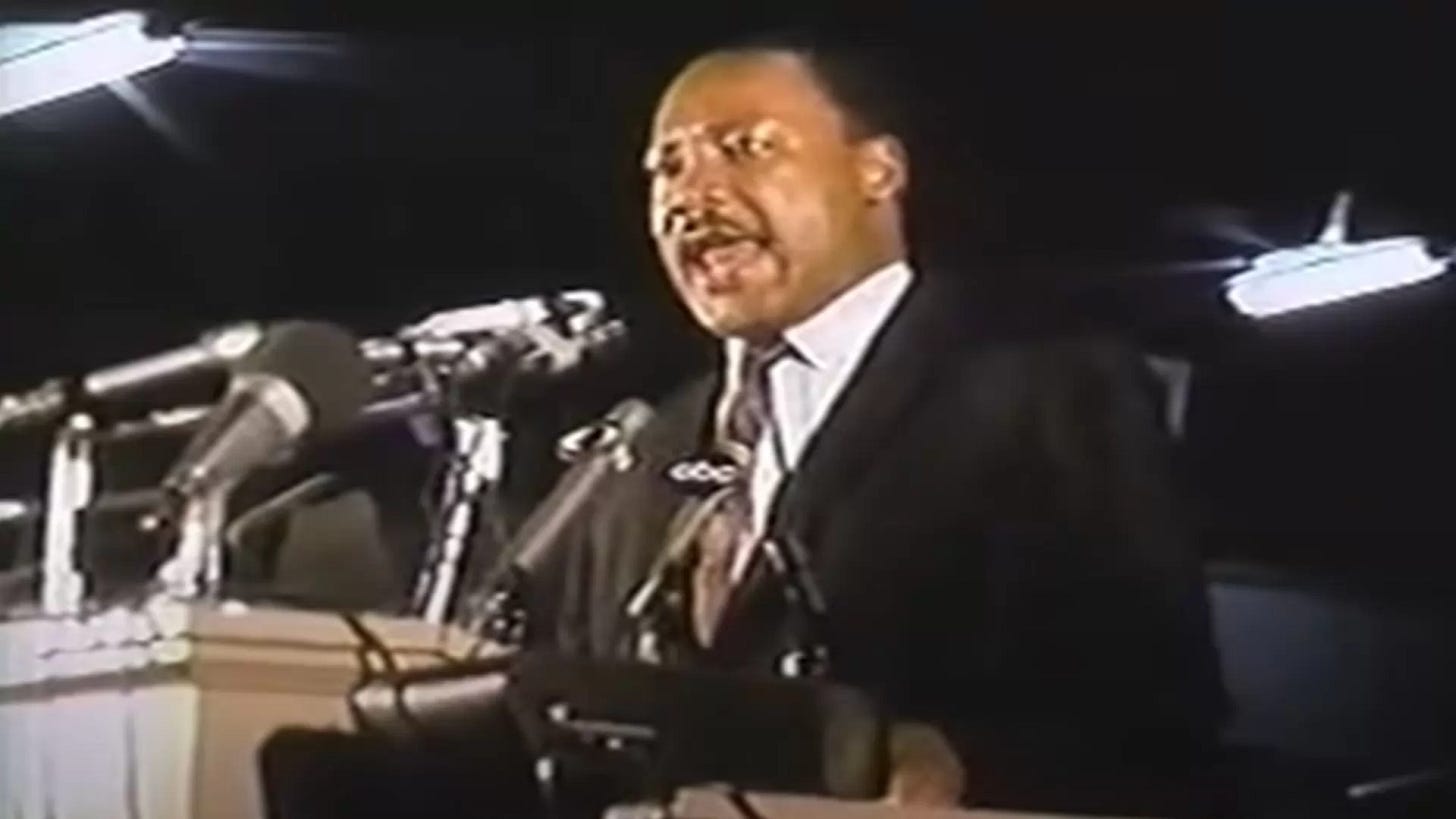 Dr. King on the day before his assassination, giving a riveting speech to the striking Memphis Sanitation workers.
