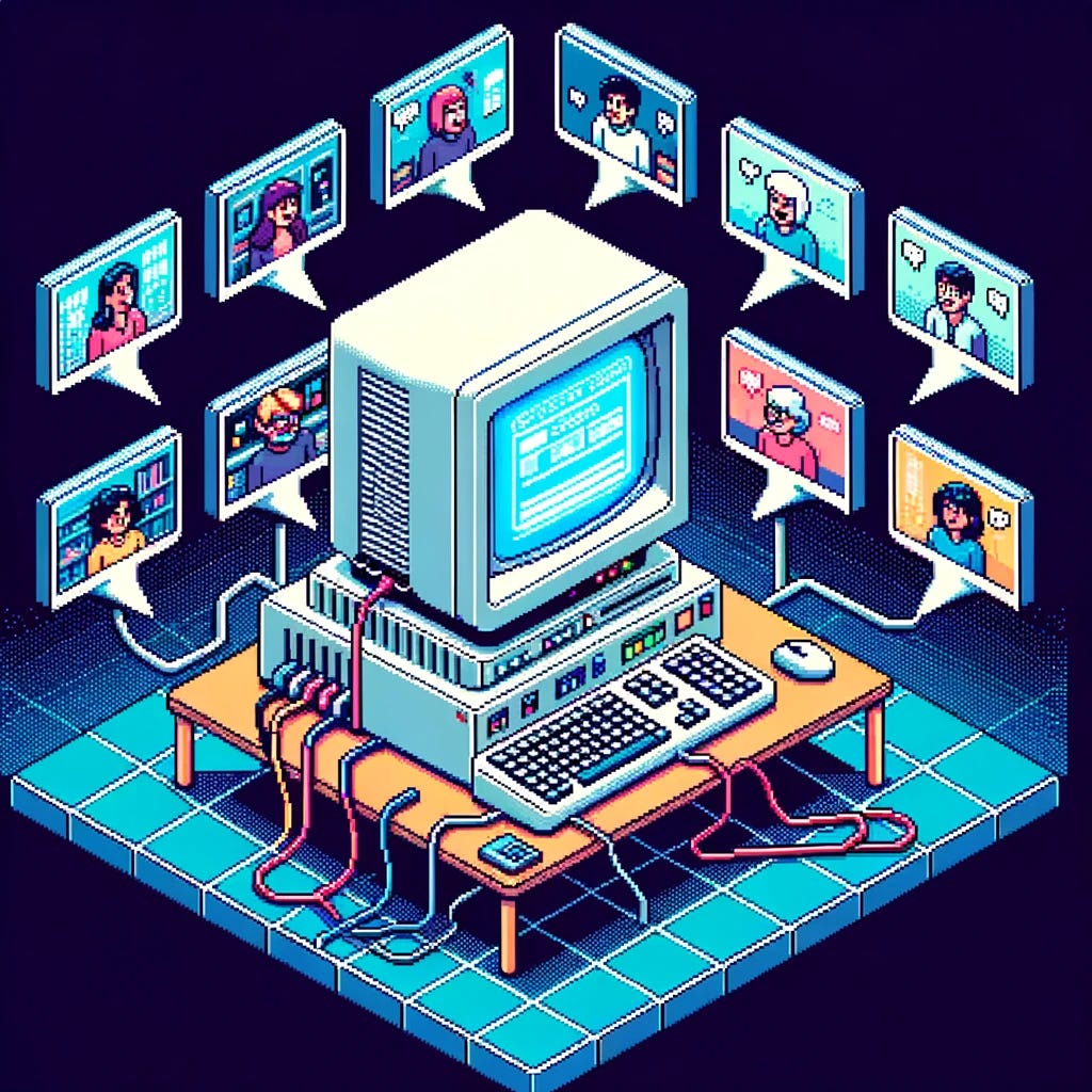 Isometric 8-bit Computer Room: A large, retro computer sits in the center of a room with blinking lights. Surrounding the computer are multiple screens displaying diverse people in a video conference call. Wires connect the screens to the computer. Above the computer, pixelated text bubbles emerge, showing snippets of the conference dialogue and a brief summary.
