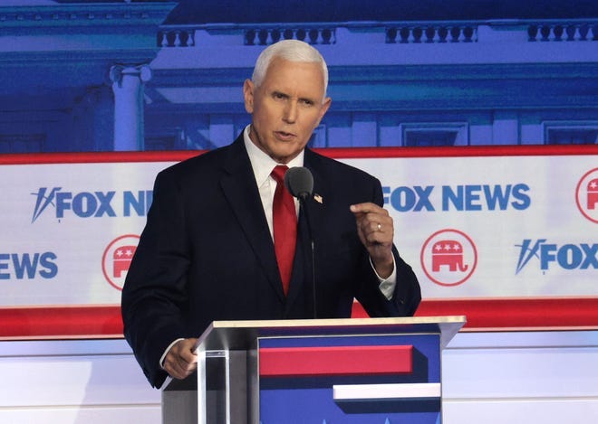 MILWAUKEE, WISCONSIN - AUGUST 23: Republican presidential candidate, former U.S. Vice President Mike Pence participates in the first debate of the GOP primary season hosted by FOX News at the Fiserv Forum on August 23, 2023 in Milwaukee, Wisconsin. Eight presidential hopefuls squared off in the first Republican debate as former U.S. President Donald Trump, currently facing indictments in four locations, declined to participate in the event. (Photo by Win McNamee/Getty Images) ORG XMIT: 775986322 ORIG FILE ID: 1635028138
