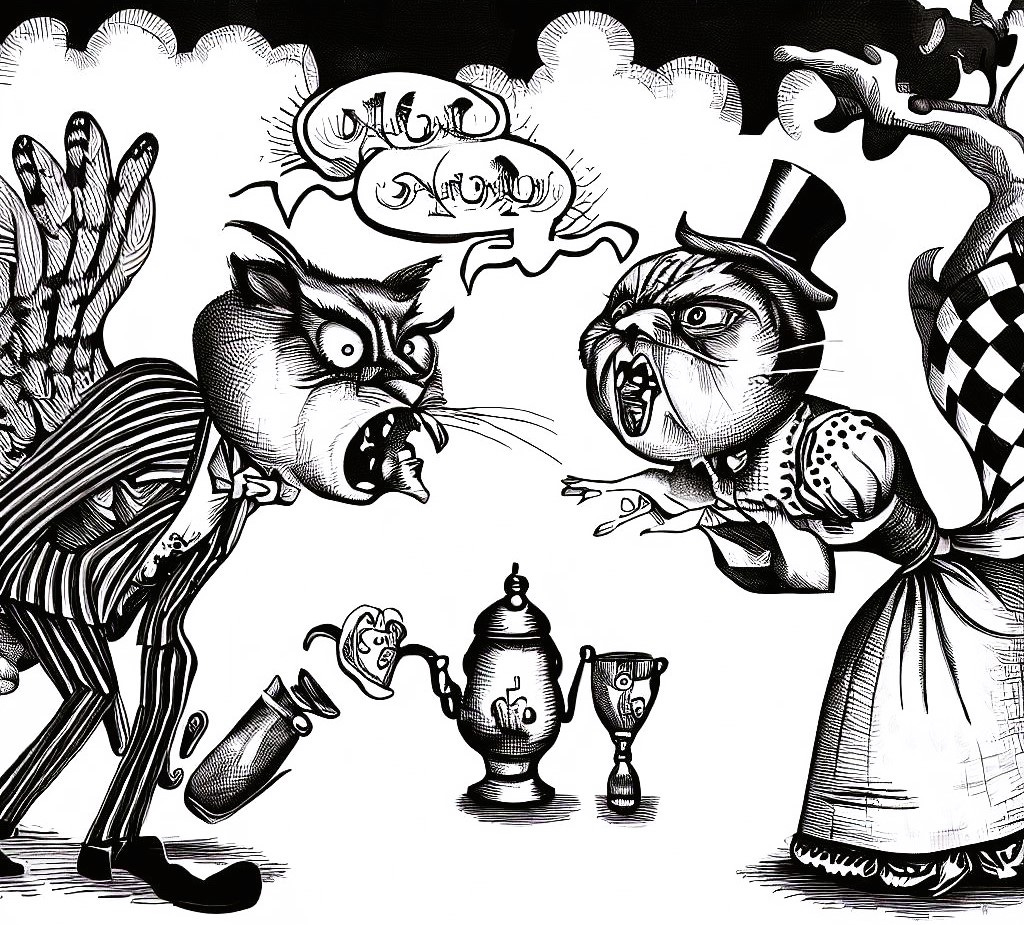 An arguing couple spout nonsense at each other. Cheshire cats and owls may have been invoked. And tea. But no snoremice were harmed.