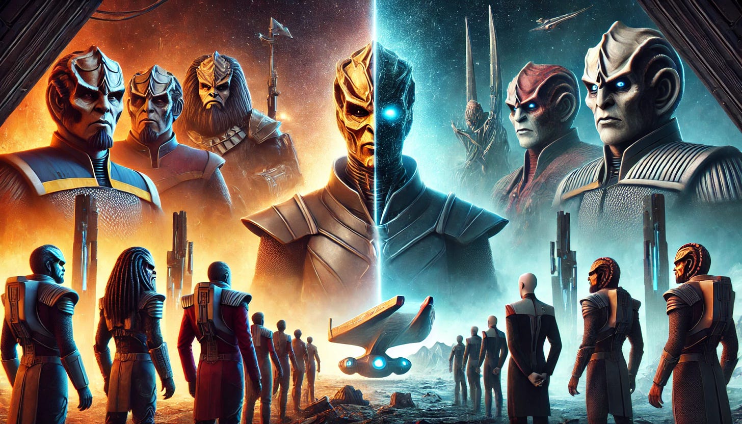 A scene split into two contrasting depictions of Klingon warriors in an otherworldly space setting. On the left side, the Klingons are portrayed as noble and honorable, standing tall in their iconic battle armor with their bat'leths raised. They appear proud, in bright lighting that highlights their strength and loyalty, with a grand Klingon battle cruiser in the background. On the right side, the Klingons are shown as more brutal and fearsome, with menacing expressions and dark, harsh lighting. They are in the midst of conflict, displaying aggression and violence. In the center, an abstract futuristic AI-like figure represents impartiality, with a human figure observing thoughtfully, symbolizing discernment between these two perspectives.