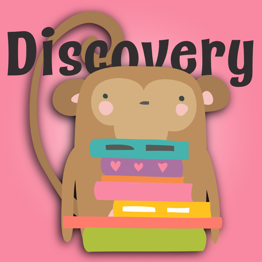 cartoon image of a monkey holding books with Discovery above in text