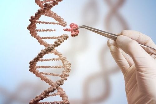Genetski inženjering i koncept manipulacije genima.  Ruka zamjenjuje dio molekule DNK.