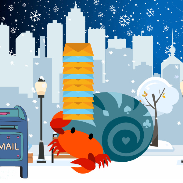 Crabby delivering a stack of sarcastic thank you notes in the snow