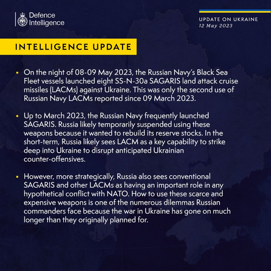 Latest Defence Intelligence update on the situation in Ukraine - 12 May 2023.
