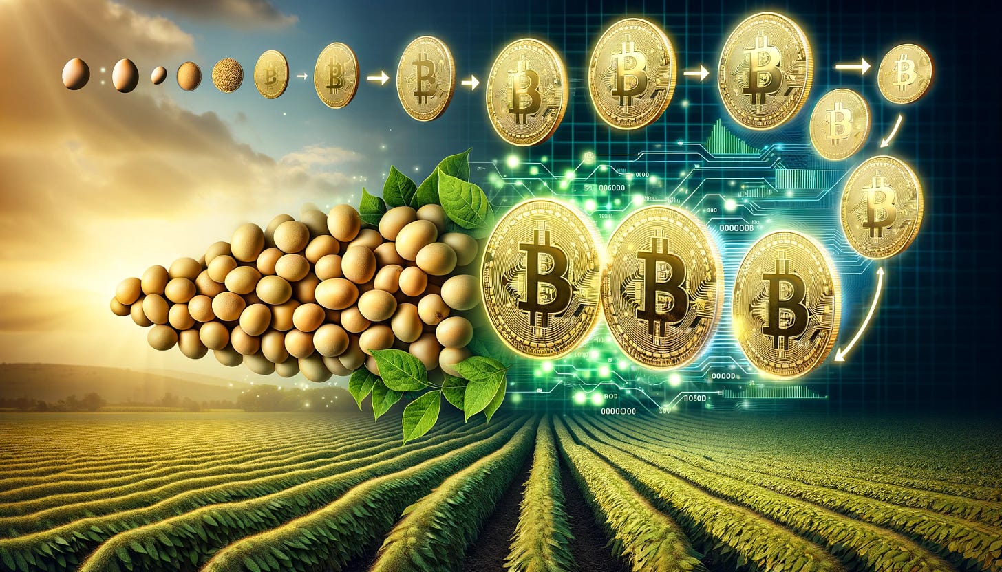 Visualize the transformation of soybeans into digital bitcoins. The image should start on the left with a cluster of realistic soybeans, capturing their natural green and yellow hues. As the scene progresses to the right, these soybeans gradually morph into digital bitcoins, transitioning through various stages of transformation. The process should appear seamless, blending organic and digital elements. Incorporate glowing digital circuits and binary code elements to emphasize the digitalization process. The background should subtly reflect this transition from the natural world to the digital, with elements like a farm landscape smoothly shifting into a digital grid or cybernetic space. This visual metaphor represents the conversion of agricultural commodities into cryptocurrency, symbolizing the innovative intersection of traditional farming and modern digital finance.