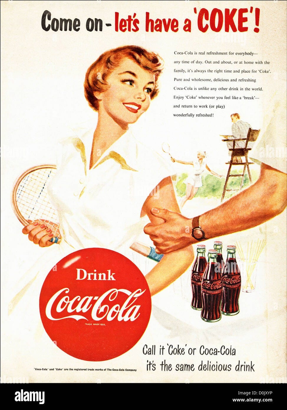 Original 1950s vintage print advertisement from English magazine  advertising Coca Cola featuring a tennis scene circa 1954 Stock Photo -  Alamy