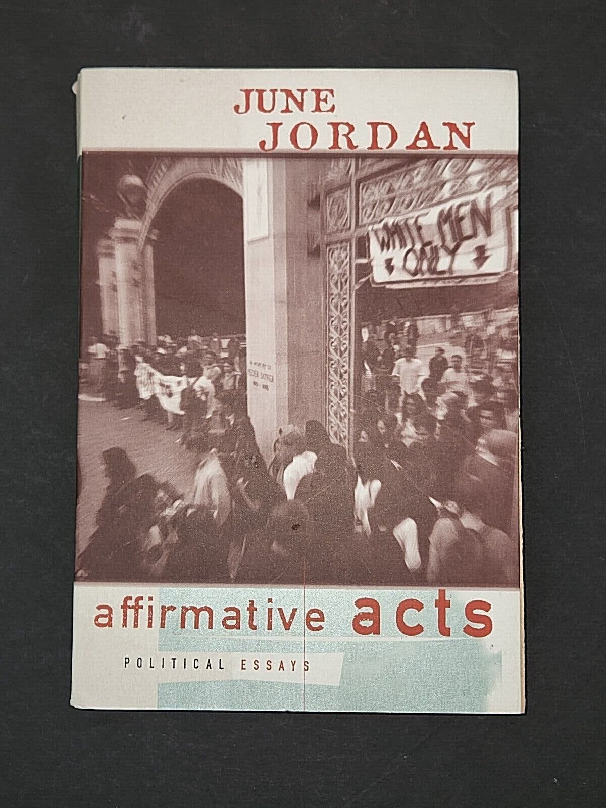 image of the cover of June Jordan's Affirmative Acts. it shows a protest by many people of many races and genders under a sign that says "white men only"