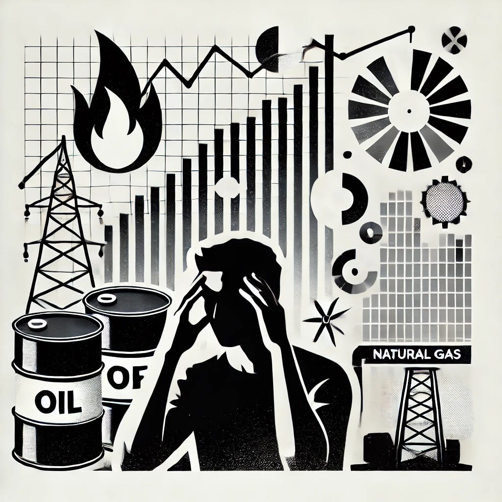 A simplified, monochromatic collage-style image representing the chaos of the energy market. The background includes minimal elements like oil barrels, a natural gas flame, and a fluctuating line graph, arranged cleanly. In the foreground, a person holding their head in frustration, symbolizing stress and exhaustion. The design uses shades of black, gray, and white for a minimalist and less colorful aesthetic, excluding any references to wind turbines or wind energy.