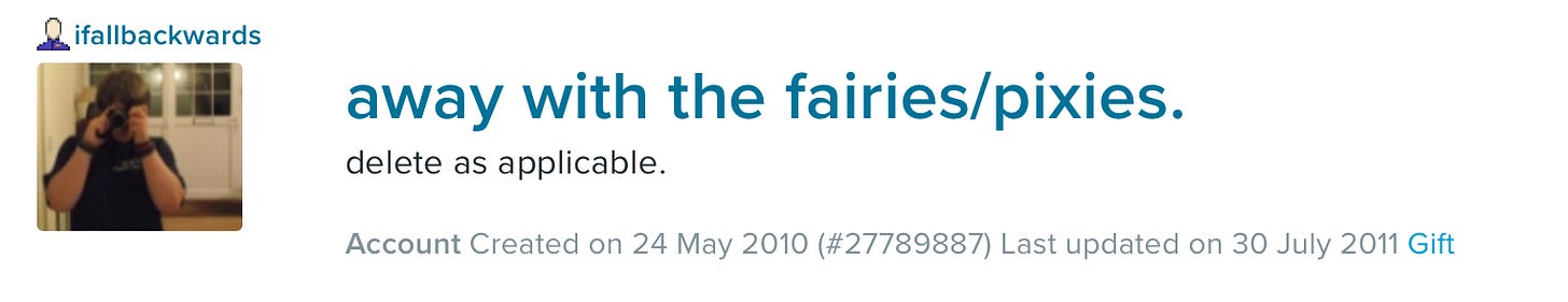 A screenshot of a livejournal profile for 'ifallbackwards'. It says 'away with the fairies/pixies, delete as applicable'. The photo is the boy with a camera in front of his face.