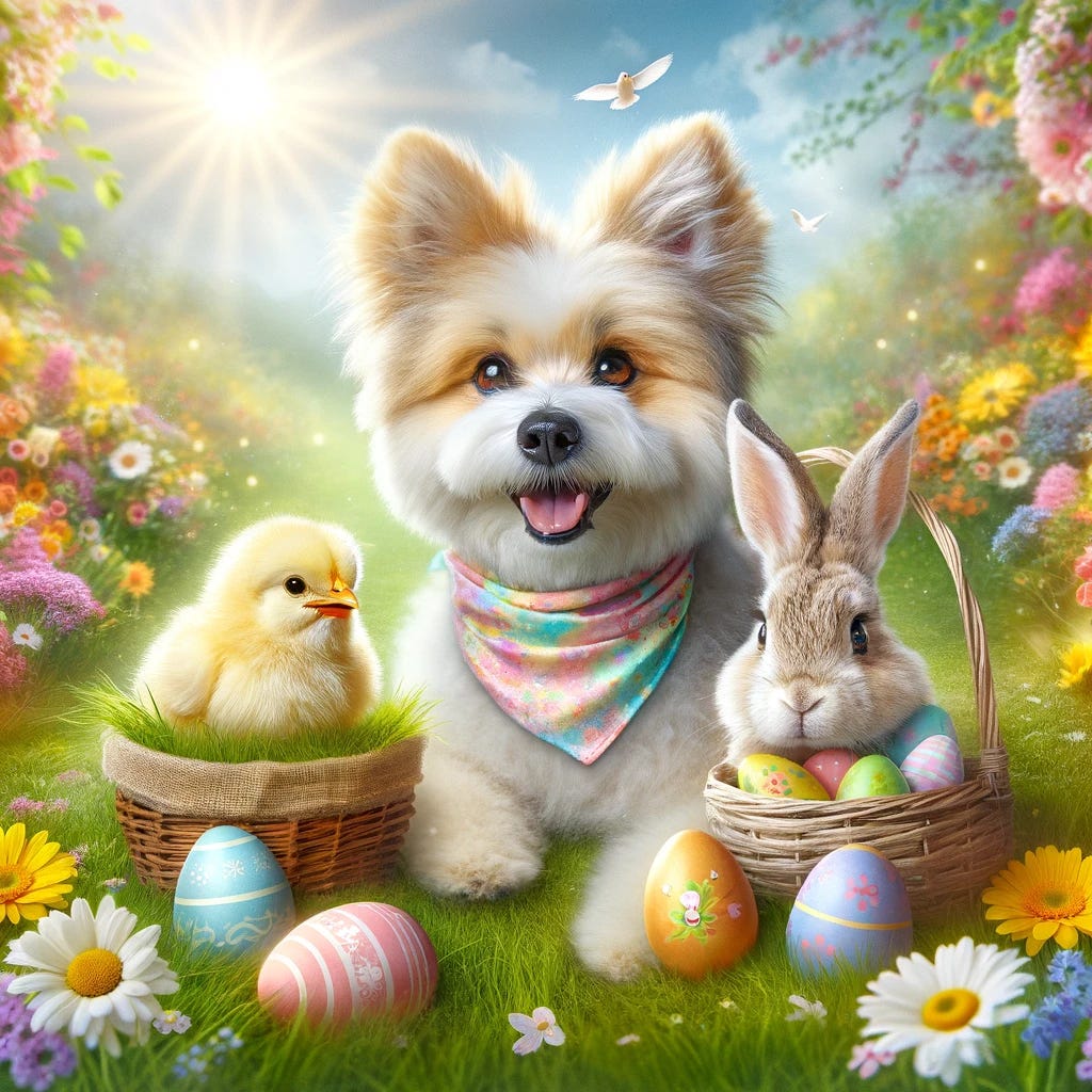 An Easter-themed picture featuring a joyful scene with a dog, a chick, and a rabbit celebrating together. The setting is a colorful spring garden filled with blooming flowers, Easter eggs hidden in the grass, and a clear, sunny sky above. The dog, fluffy and friendly-looking, wears a pastel-colored bandana around its neck, symbolizing the festive occasion. The chick, small and yellow, peeks curiously out of an opened Easter egg on the ground. The rabbit, with soft, white fur, is standing on its hind legs, holding a basket filled with decorated Easter eggs. The overall atmosphere is one of harmony and festive cheer, capturing the essence of Easter with a touch of whimsy.