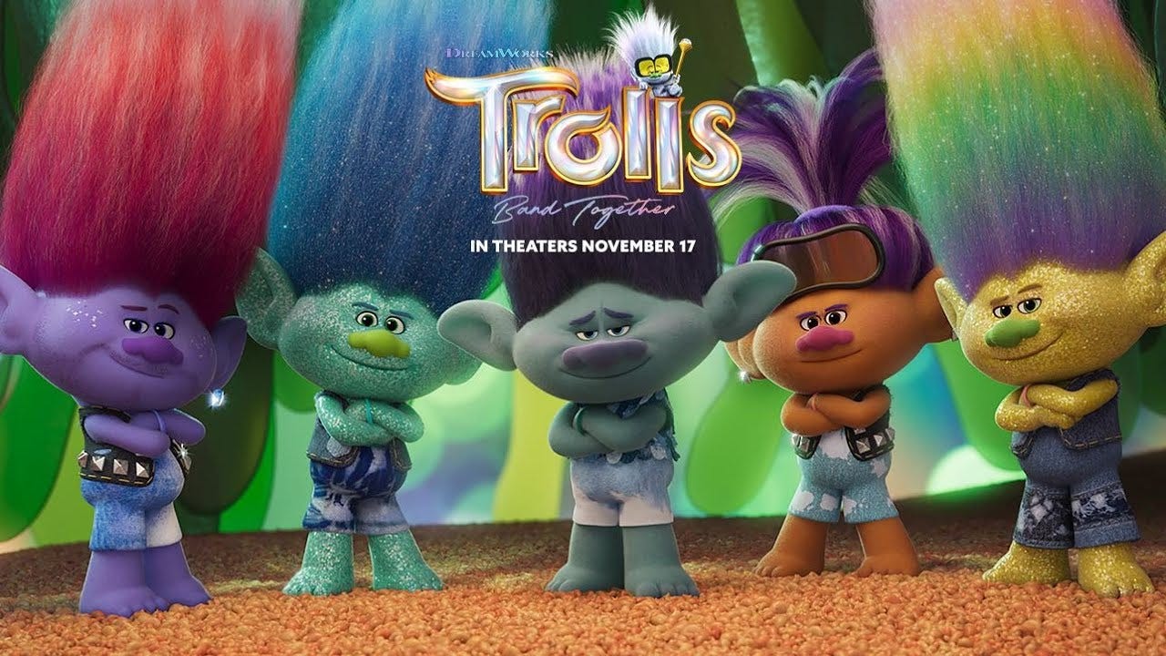 Movie banner for "Trolls: Band Together"