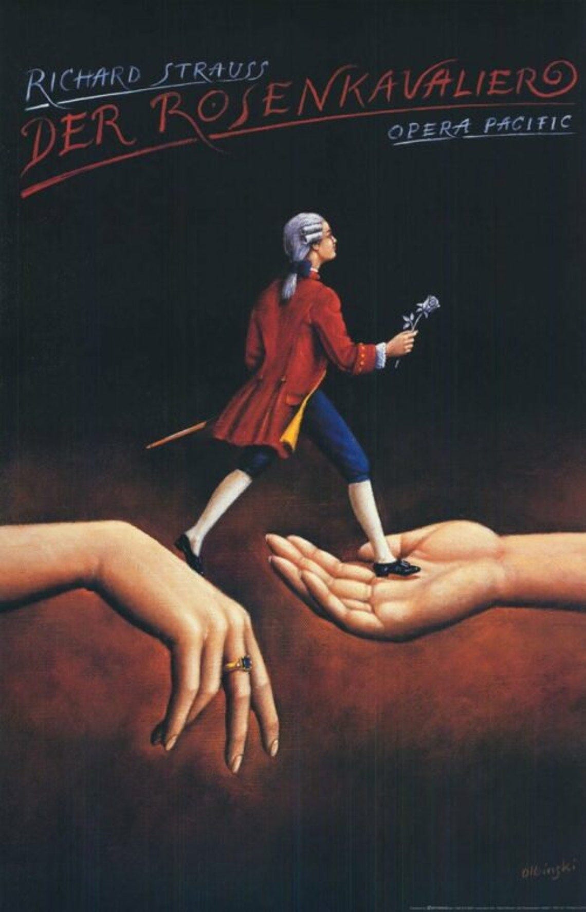 An illustrated poster for Der Rosenkavalier. The image shows a miniature man in 18th-century clothes and wig stepping from one woman's hand to another.