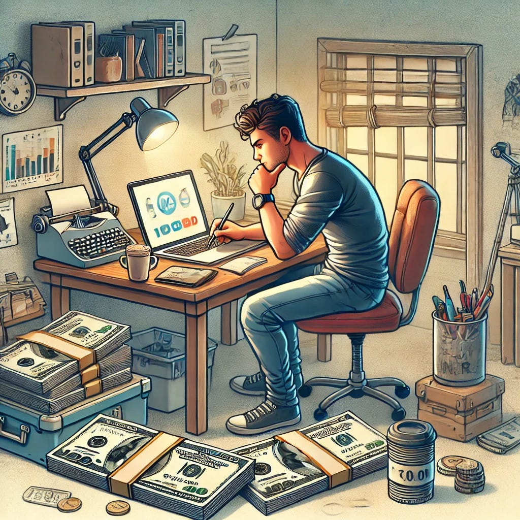 An entrepreneur building a business with just 10,000 INR. The scene shows a determined individual in a small, cluttered workspace, with a laptop, a few books on entrepreneurship, a cup of coffee, and a notebook filled with ideas and plans. A small stack of 10,000 INR notes is seen on the desk, symbolizing the starting point of their journey. The environment is modest, yet the person looks focused and driven, showcasing the entrepreneurial spirit of starting small and dreaming big.