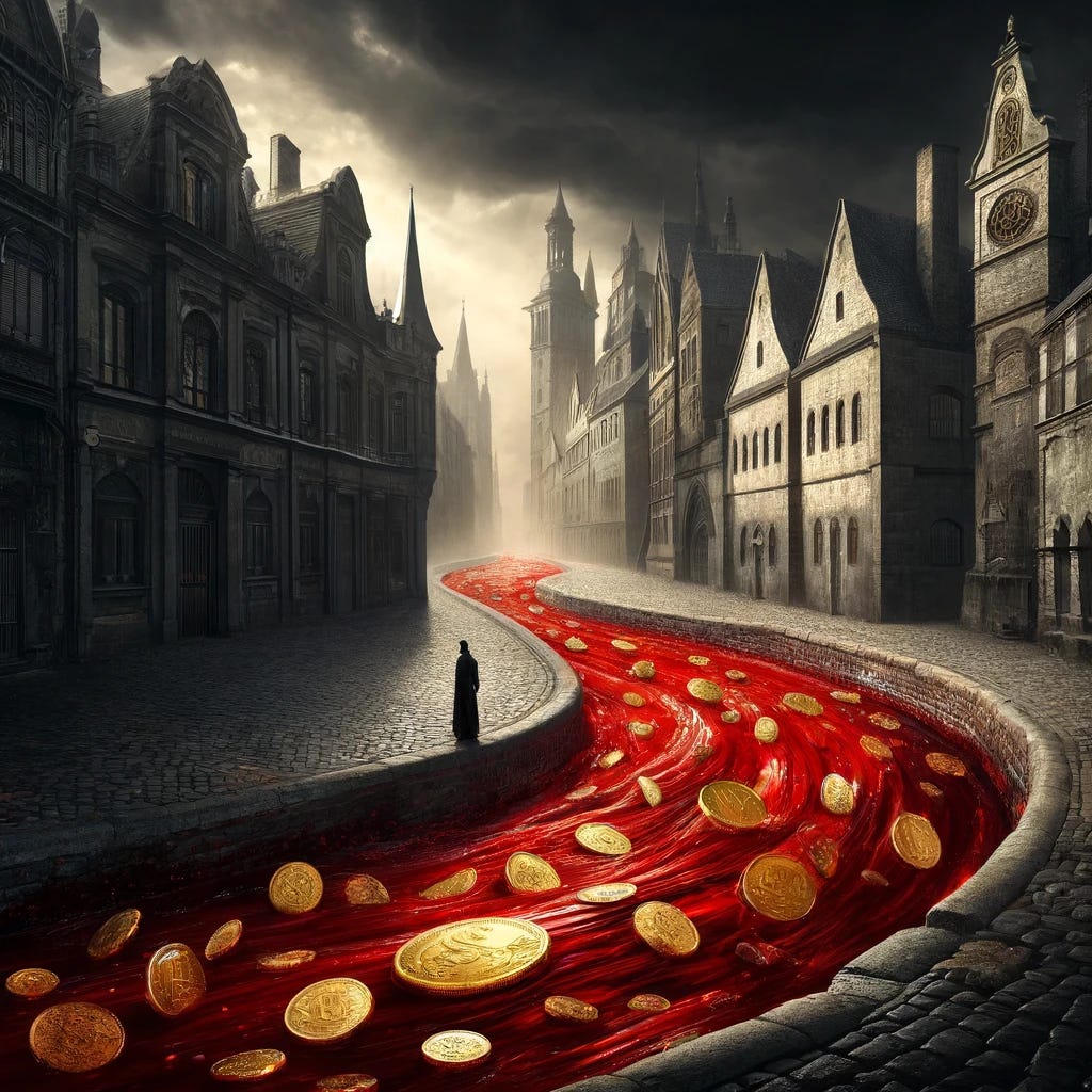 A dramatic conceptual scene illustrating the investment advice quote by Baron Rothschild. The image shows an old cobblestone street in a historical European city, possibly during the late 18th century. There's an ominous mood with dark, stormy skies overhead. In the street, symbolic red 'blood' flows like a river, but there are golden coins and banknotes mixed within the flow, representing opportunity amid chaos. A lone, shadowy figure stands at the edge, contemplating the scene, suggesting the idea of investment during turmoil. The architecture should have an antique feel, and the setting should evoke a sense of historic drama.