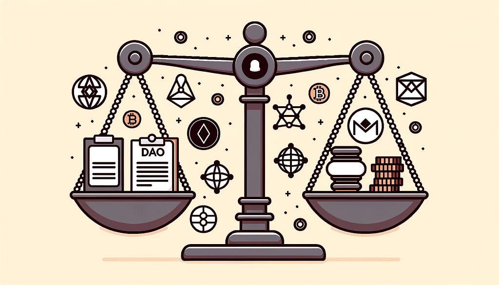 Vector of a balance scale where one side holds traditional regulatory icons like a gavel and paper, and the other side holds web3 icons like a smart contract, DAO symbol, and blockchain.