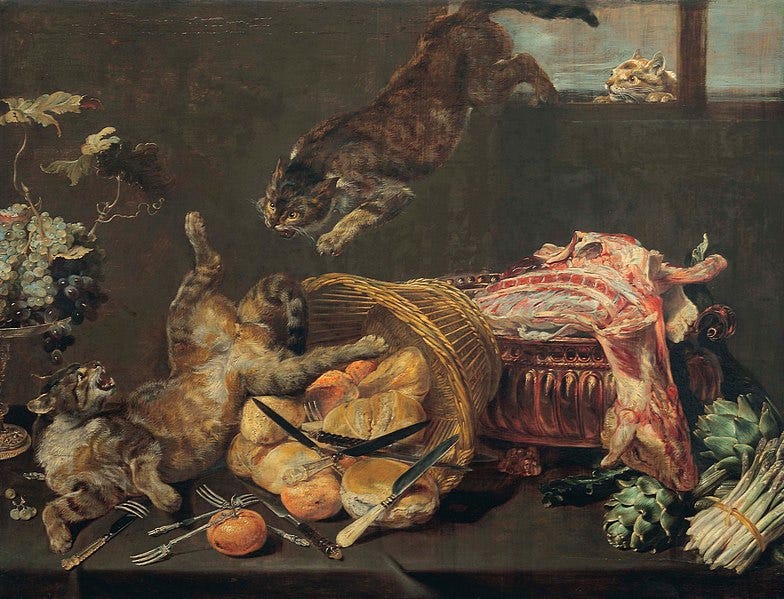 File:Frans Snyders - Cats fighting in a larder, with loaves of bread, a dressed lamb, artichokes and grapes.jpg