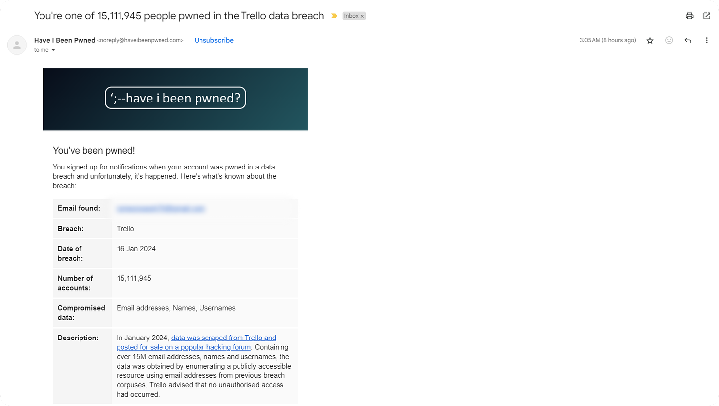 Have I Been Pwned email notification about the Trello breach.