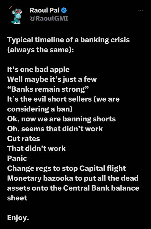 May be an image of text that says 'Raoul Pal @RaoulGMI Typical timeline of a banking crisis (always the same): It's one bad apple Well maybe it's just a few "Banks remain strong" It's the evil short sellers (we are considering a ban) Ok, now we are banning shorts Oh, seems that didn't work Cut rates That didn't work Panic Change regs to stop Capital flight Monetary bazooka to put all the dead assets onto the Central Bank balance sheet Enjoy.'