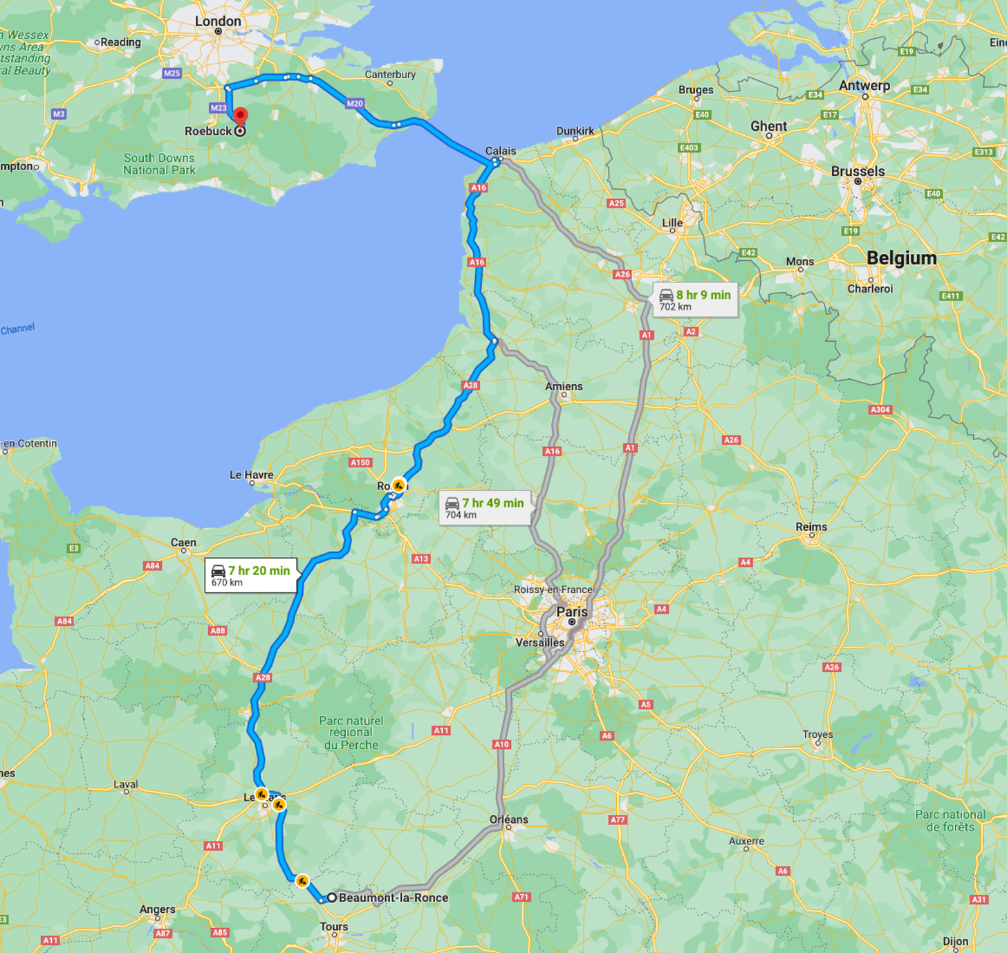 Map showing our route from Beaumont-la-Ronce to Calais