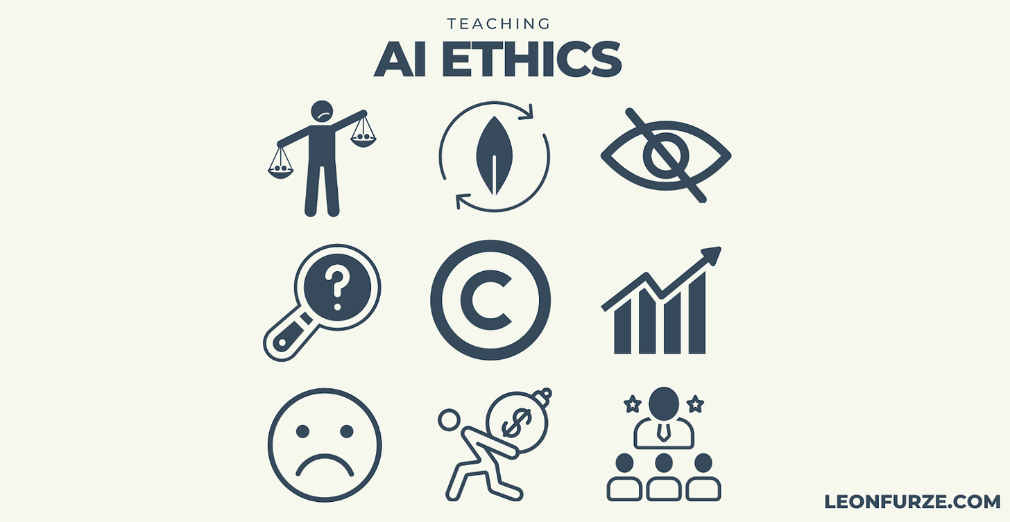 The image is a graphical representation of various concepts related to AI Ethics. It includes a set of nine icons arranged in a grid pattern on a light background. The icons represent balance/scales, a flame, an eye, a magnifying glass with a question mark, a copyright symbol, an upward trending graph, a sad face, a person pushing a dollar sign, and a group of people with one highlighted as a star. At the top, there is text that reads "TEACHING AI ETHICS", and at the bottom, the URL "LEONFURZE.COM" is visible.