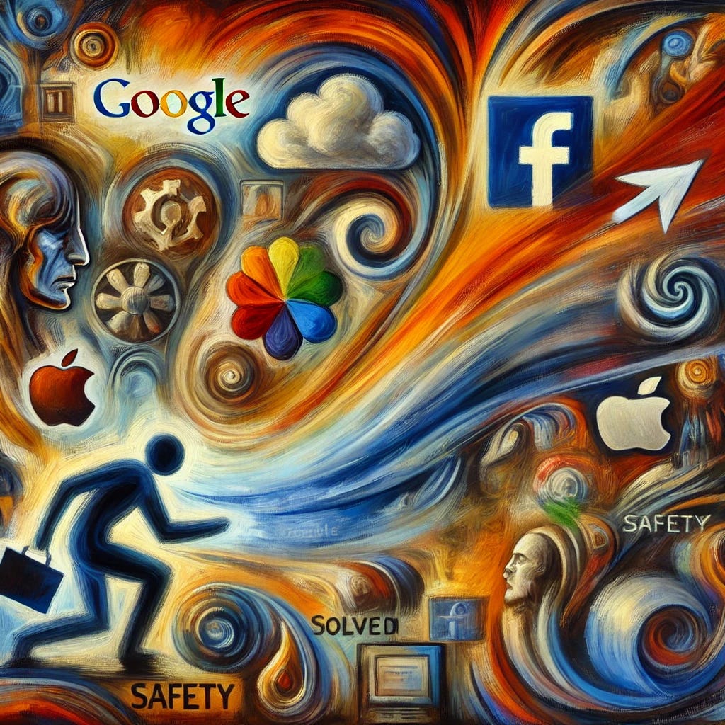 A dramatic, abstract scene with swirling, bold brushstrokes and bright, contrasting colors. The background features symbolic elements representing the evolution of technology, with older tech icons transitioning into modern ones like Google, Facebook, and Apple. In the foreground, abstract figures struggle with information overload, depicting the challenge solved by Google. Other elements hint at potential AI issues like hallucinations and safety, symbolizing the ongoing search for solutions. The scene captures a psychological depth and a hint of melancholy, resembling an oil painting inspired by the expressionist movement.