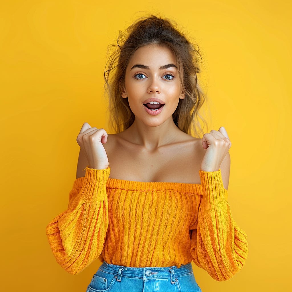 young woman with clothes full body shot, being pleasantly surprised, and hugely relieved, opened hands, head lifted up, eyes looking towards the sky. Indoor studio sho