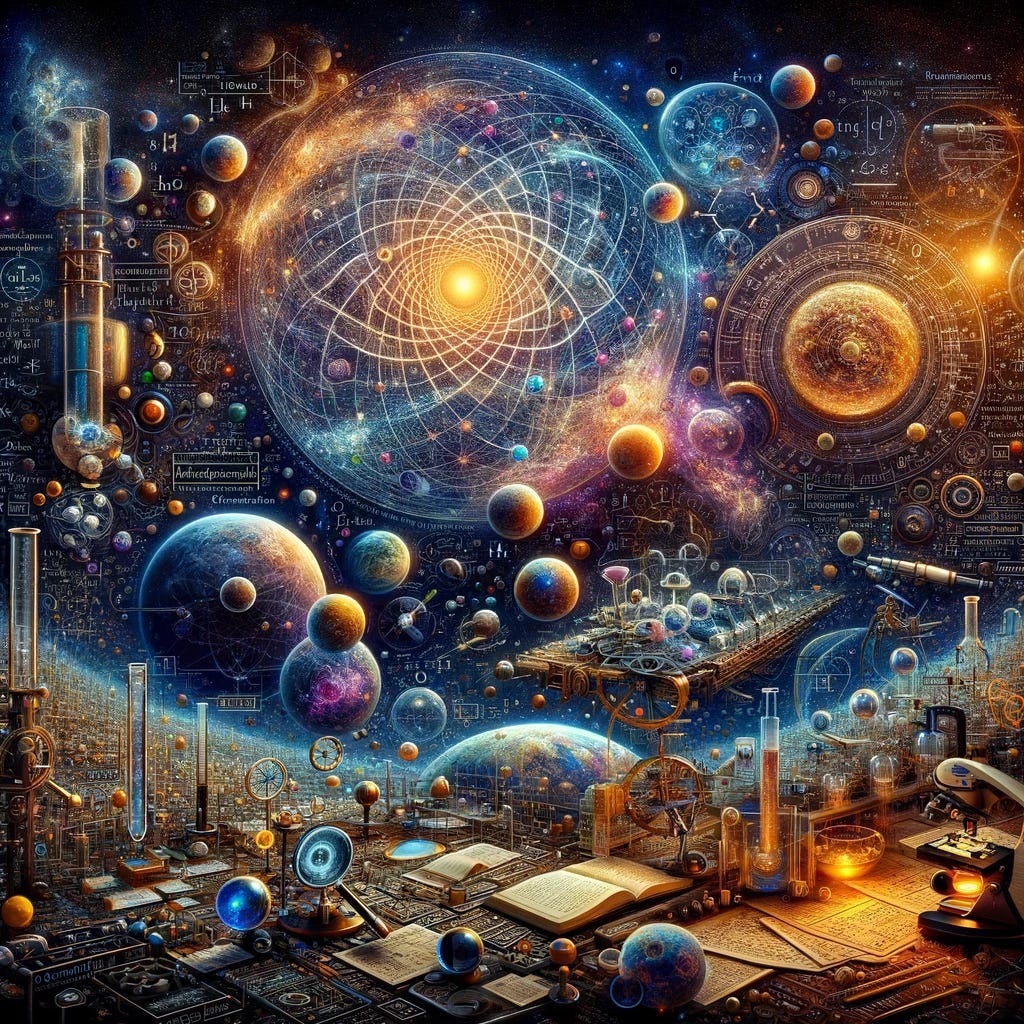 An image representing the worldview of scientific materialism, showcasing a universe composed entirely of matter and energy. The scene depicts a complex, interconnected web of physical processes and laws, with symbols of empirical investigation such as microscopes, telescopes, and mathematical equations interwoven. The background features a tapestry of the cosmos, with atoms, molecules, and celestial bodies illustrating the material foundation of existence. The image conveys a sense of order and predictability emerging from the material interactions observable by science, emphasizing the power of empirical inquiry to decode the complexities of the universe.
