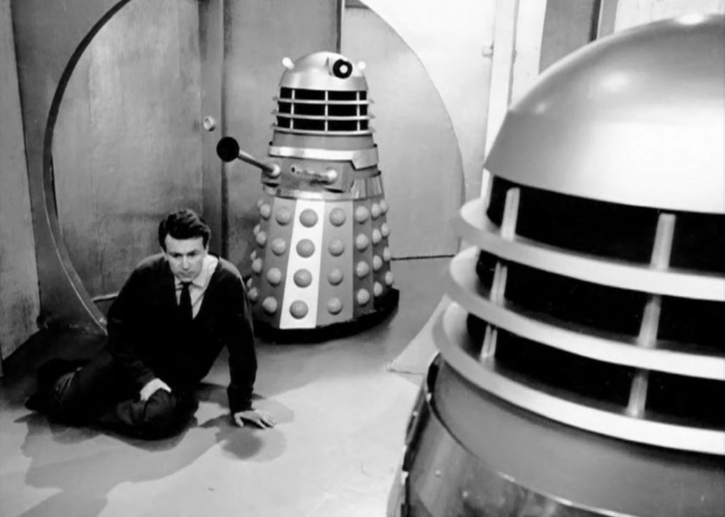 Daleks in a shot from the second episode of The Daleks (1963)
