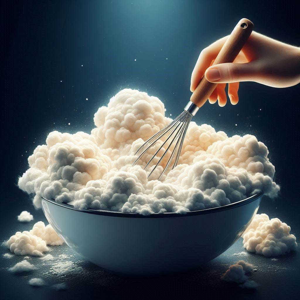 A shot peering into a mixing bowl full of fluffy clouds with a wooden spoon and whisk on the side, digital art style