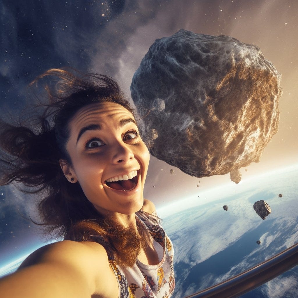 A hyper-realistic GoPro selfie of a smiling glamorous Influencer with a massive asteroid hurtling towards Earth. Extreme environment.