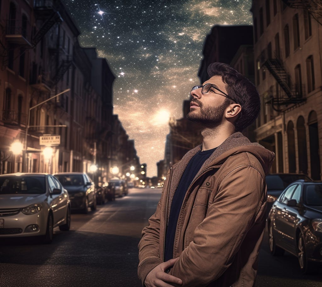 A man looks up at the sky full of stars