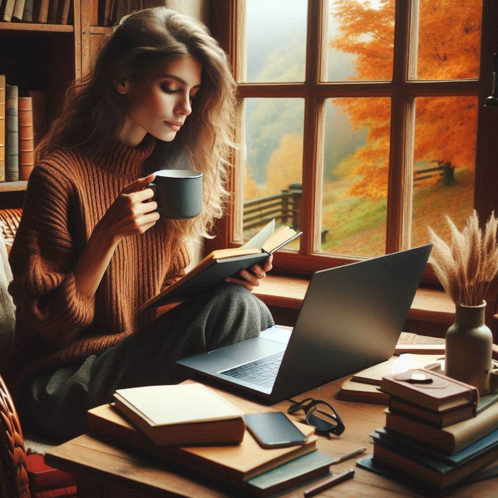 An author sips a cup of coffee in her cozy study as she looks thoughtfully at her latest manuscript on her laptop. A fall scene is visible through a window behind her.