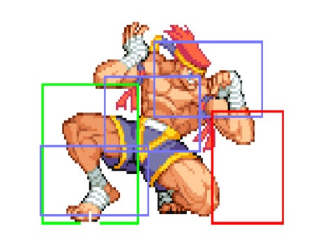 Sprite with hitboxes of Adon from SFA2 doing a low strong