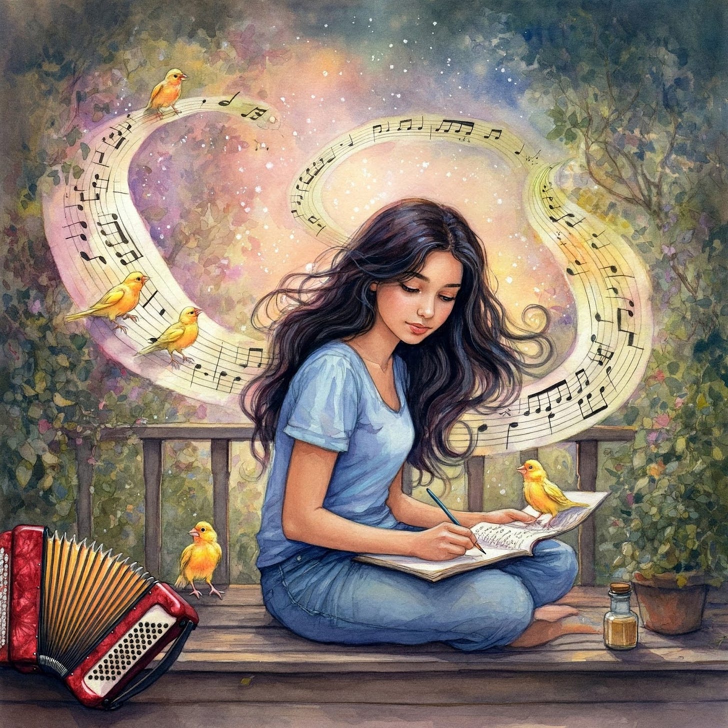 Image of young woman memorizing the bird songs she wrote.