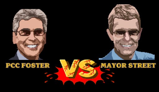 Still graphic of West Midlands PCC Simon Foster versus Mayor Andy Street in the style of Street Fighter II video game