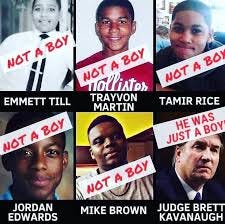 six photos. five are of Black minors accused of crimes, including Trayvon Martin and Tamir Rice, each one has the phrase "not a boy" across their picture. The last picture is of Brett Kavanaugh. His picture says "he was just a boy"