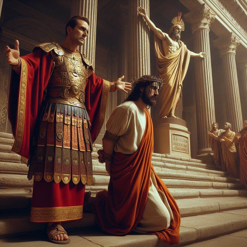 pilate dressed in roman governor's garb on the steps of the praetorium with jesus at the base of the steps hands bound
