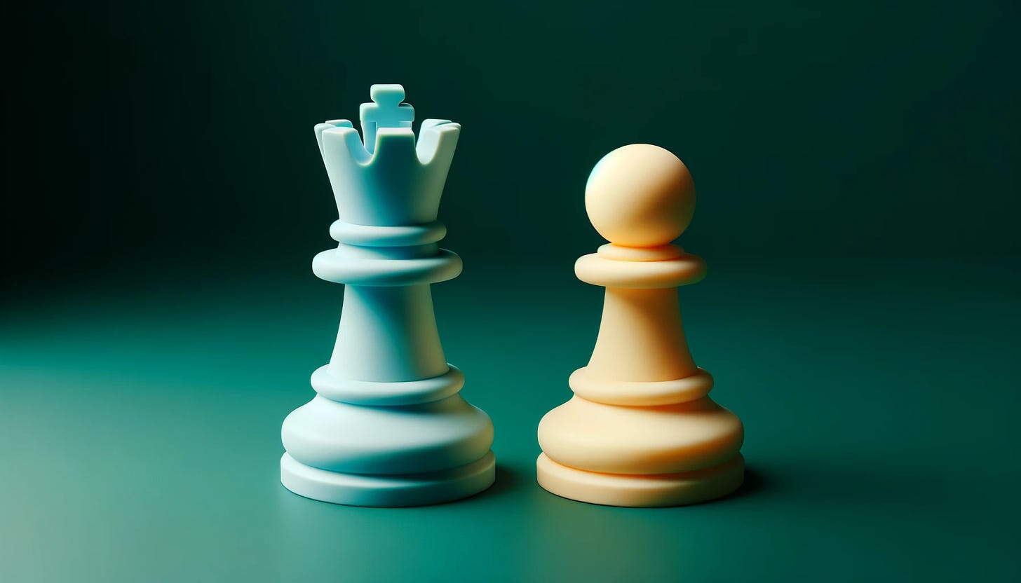 Horizontal view from a side angle, capturing two chess pieces, a rook and a pawn, in blue and yellow pastel colors, standing against a dark green background.