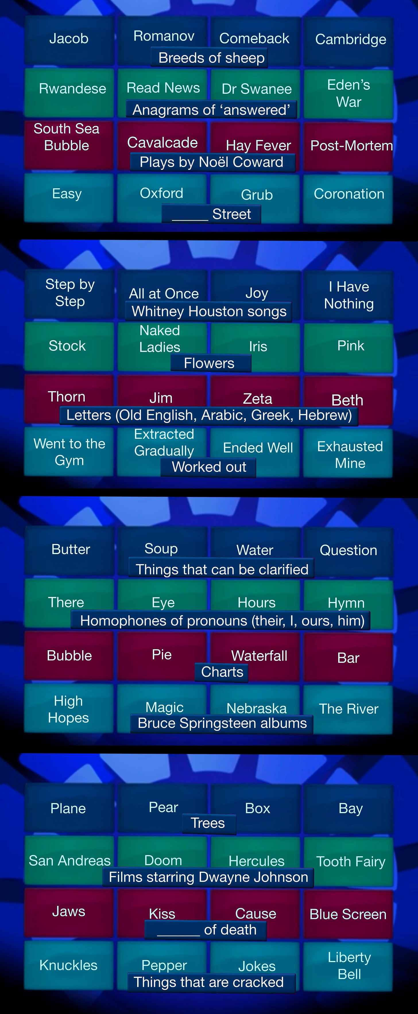 The solutions to last week's four walls. Sorry, Visually Impaired Squadron, I'm not typing them all up here, but if you listen to the comments from the last edition, you'll find HBB has nobly done so over there. 