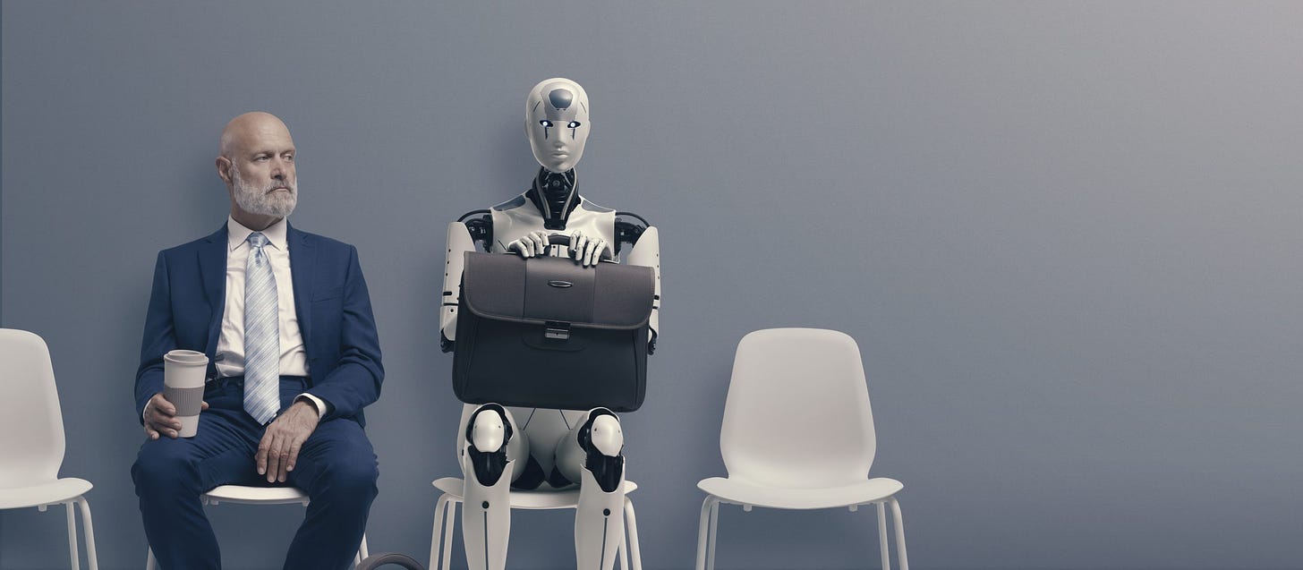 Man,And,Ai,Robot,Waiting,For,A,Job,Interview:,Ai